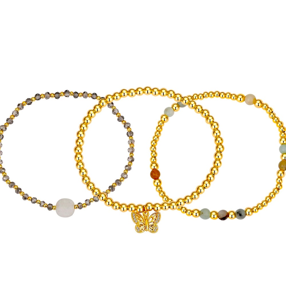 New 14k Gold Plated Cubic Zirconia Abalone Butterfly Beaded Bracelets Trio 25$
